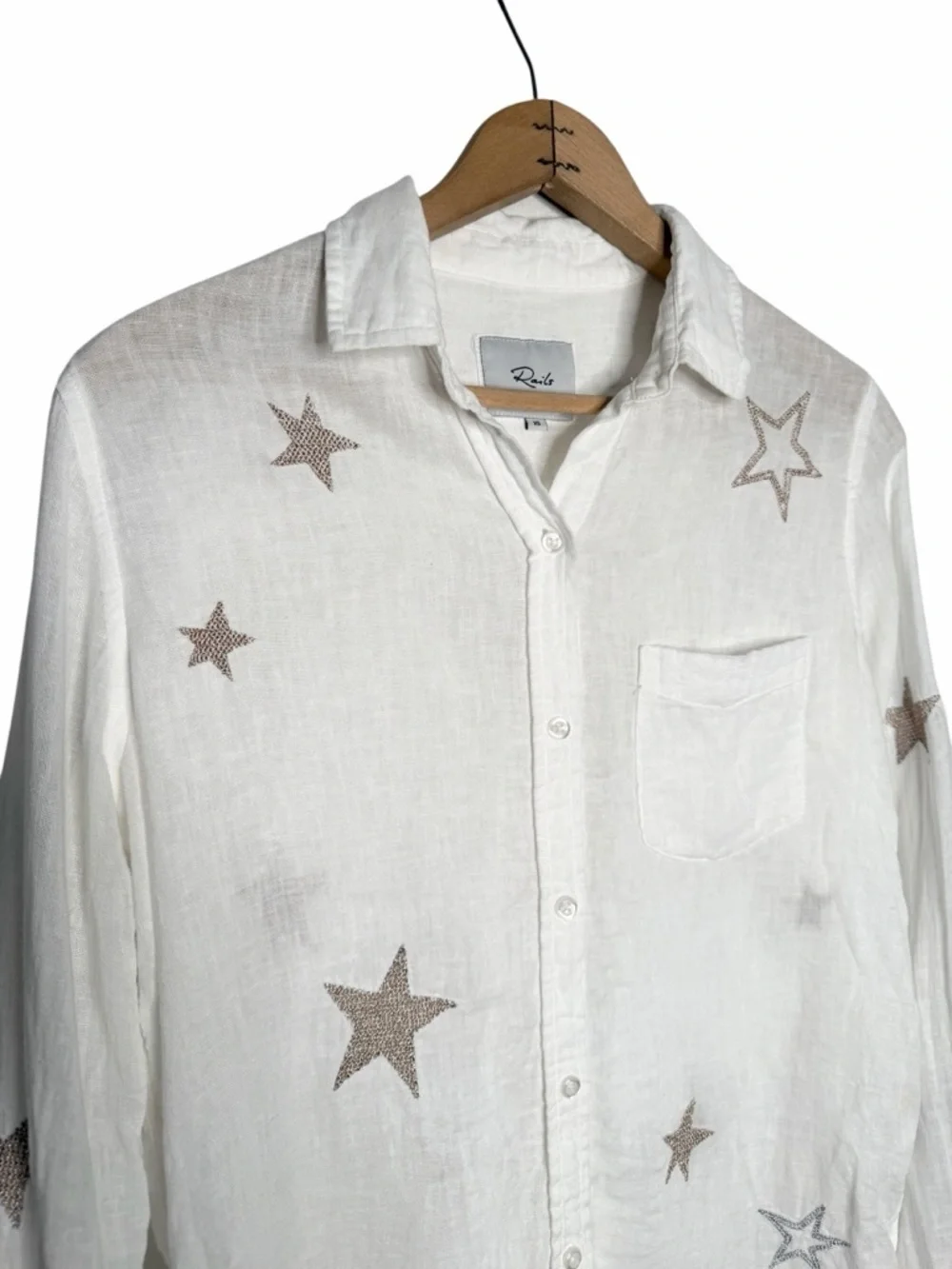 RAILS Charli White & Rose Gold Star Embroidery Linen Blend Button Down Size XS - Picture 3 of 9